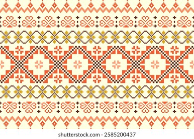 Embroidery ethnic oriental pixel art pattern.Traditional ethnic motifs ikat geometric fabric pattern cross stitch.Aztec style,abstract background vector illustration.Texture,scarf,decoration,wallpaper