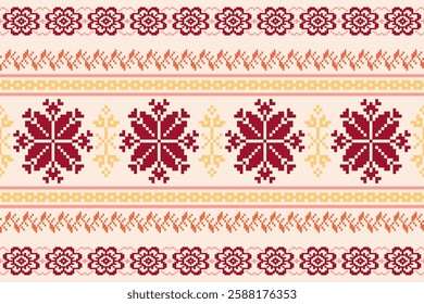 Embroidery ethnic oriental pixel art pattern.Traditional ethnic motifs ikat geometric fabric pattern cross stitch.Aztec style,abstract background vector illustration.Texture,scarf,decoration,wallpaper