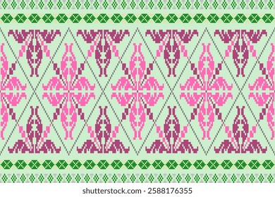 Embroidery ethnic oriental pixel art pattern.Traditional ethnic motifs ikat geometric fabric pattern cross stitch.Aztec style,abstract background vector illustration.Texture,scarf,decoration,wallpaper