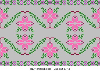 Embroidery ethnic oriental pixel art pattern.Traditional ethnic motifs ikat geometric fabric pattern cross stitch.Aztec style,abstract background vector illustration.Texture,scarf,decoration,wallpaper