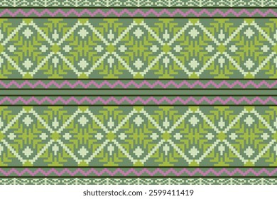 Embroidery ethnic oriental pixel art pattern.Traditional ethnic motifs ikat geometric fabric pattern cross stitch.Aztec style,abstract background vector illustration.Texture,scarf,decoration,wallpaper