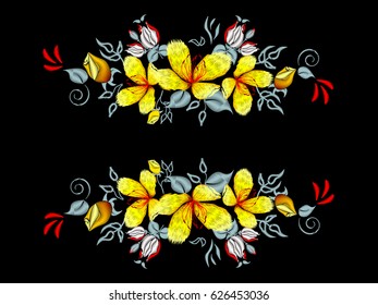 Embroidery of ethnic ornament, lilies flowers and other garden and wild flowers for your design. Neck. Vintage color. Vector Illustration.