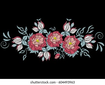 Embroidery of ethnic ornament, peony flowers and other garden and wild flowers for your design. Neck. Vintage color.