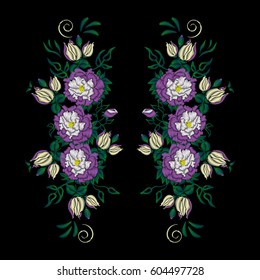 Embroidery of ethnic ornament, peony flowers and other garden and wild flowers for your design. Neck.