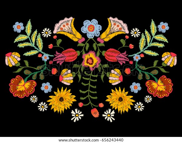 Embroidery ethnic pattern with colorful flowers.\
Vector traditional floral bouquet. Tribal style design for fashion\
wearing.