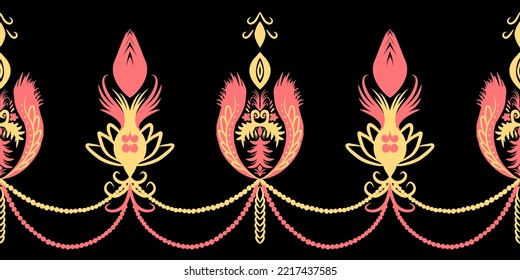 Embroidery Ethnic pattern IKAT Seamlesss pattern Vector for fabric cloth dress carpet curtains rug Sarong Pink flower 
