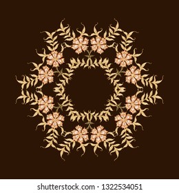 Embroidery with ethnic pattern in kalamkari style, fantasy floral pattern. Colored vector illustration. 
