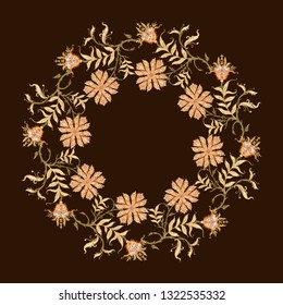 Embroidery with ethnic pattern in kalamkari style, fantasy floral pattern. Colored vector illustration. 