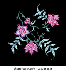 Embroidery with ethnic pattern in kalamkari style, fantasy floral pattern. Colored vector illustration. 