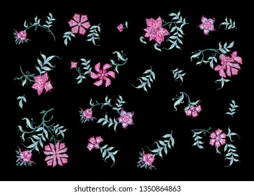 Embroidery with ethnic pattern in kalamkari style, fantasy floral pattern. Colored vector illustration. 