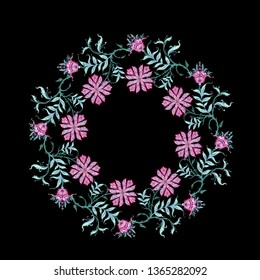 Embroidery with ethnic pattern in kalamkari style, fantasy floral pattern. Colored vector illustration. 