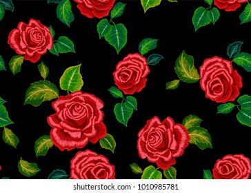 Embroidery ethnic pattern with red roses. Vector embroidered floral design for fashion wearing