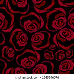 Embroidery ethnic pattern with red roses. Vector seamless pattern