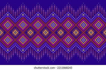 Embroidery ethnic pattern, Vector Geometric ikat background, Cross stitch jacquard style, Red and blue pattern square fashion, Design for textile, fabric, curtain, print, mugs