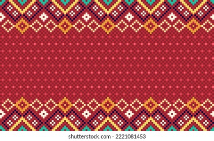 Ethnische Stickerei, Vektor Geometrischer antiker Hintergrund, Ethnischer Kreuzstich-Konzept, rote und gelbe Mustergeometrie, Design für Textilien, Gewebe, Hintergrund, Teppich, Wandkunst