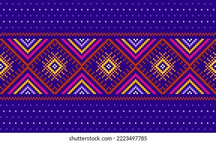 Embroidery ethnic pattern, Vector Geometric abstract background, Cross stitch classic ethnic style, Pink and blue pattern template seamless, Design for textile, fabric, clothing, wrapping, sweater