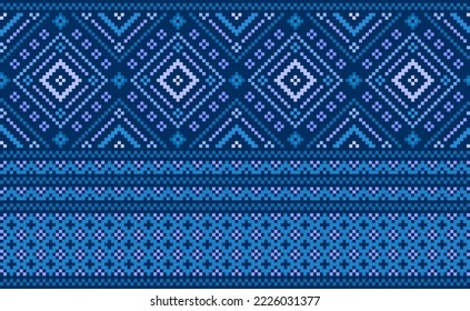 Embroidery ethnic pattern, Vector Geometric ikat background, Cross stitch folk Boho style, Blue pattern Nordic repetitive, Design for textile, fabric, curtain, kaftan, tapestries