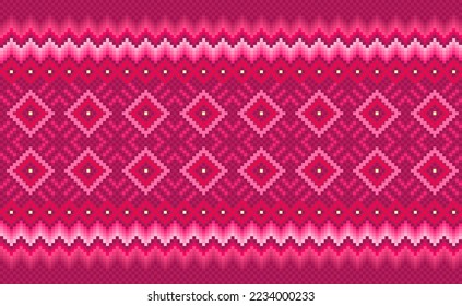 Embroidery ethnic pattern, Vector Geometric ornamental background, Cross stitch cross stitch triangle style, Red and pink pattern ethnic craft, Design for textile, fabric, backdrop, kaftan, pillows