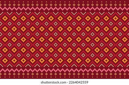 Embroidery ethnic pattern, Vector Geometric ethnic background, Cross stitch diagonal ornate style, Red and orange pattern chevron surface, Design for textile, fabric, ceramic, tile, blankets