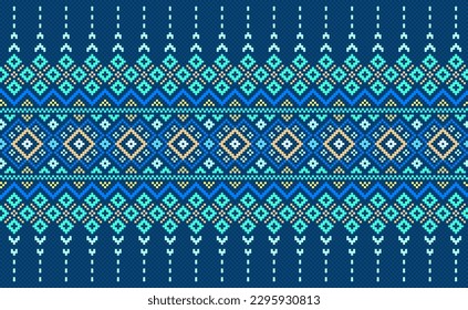 Embroidery ethnic pattern, Vector Geometric tribal background, Cross stitch fashion abstract style, Blue and green pattern ornate concept, Design for textile, fabric, clothing, tile, wall art