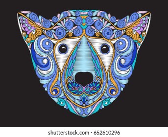 Embroidery ethnic patterned ornate head of polar bear. 