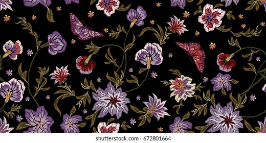 Embroidery ethnic seamless pattern with flowers and butterflies. Vector embroidered floral  design for fashion wearing.