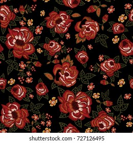 Embroidery ethnic seamless pattern with red roses. Vector embroidered floral patch sketch with flowers for clothing design