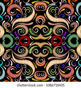 Embroidery ethnic style colorful floral seamless pattern. Vector bright abstract grunge background. Vintage hand drawn tapestry flowers, leaves, shapes, curves, lines, swirl. Embroidered ornate design