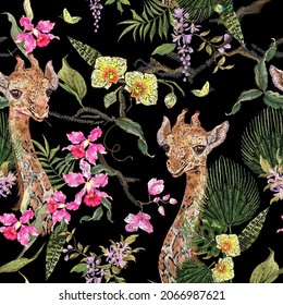 Embroidery with exotic floral pattern with butterflies, giraffe
 and tropical flowers. Vector seamless embroidered pattern for fashion design.