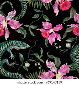 Embroidery exotic floral pattern with lizards and tropical flower. Vector seamless embroidered template for fashion design.