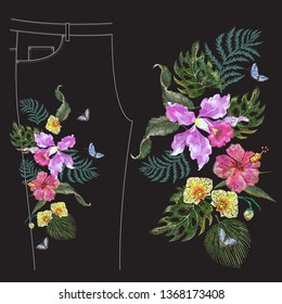 Embroidery exotic floral pattern with wild roses, butterflies, tropical flower. Vector traditional embroidered template for fashion jeans design.