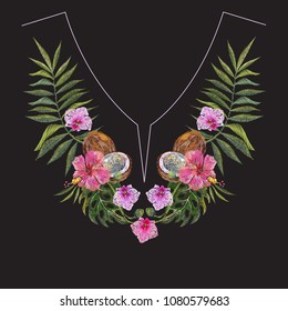 Embroidery exotic neckline pattern with flowers and coconut. Vector embroidered floral patch with for clothing design.