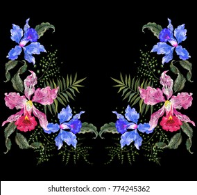 Embroidery exotic neckline pattern with exotic flowers. Vector traditional folk floral ornament with orchids on black background for fashion design