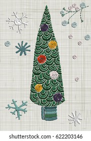 Embroidery Fancy Christmas tree and snowflakes.  Zentangle style. Vector Embroidery home decor, ornament for textile,  fashion, fabric pattern. Linen cloth texture.  Colorful decoration.
