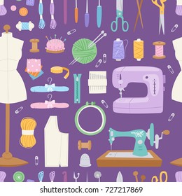 Embroidery fancy-work fine needle-work hobby accessories sewing needle equipment vector seamless pattern background