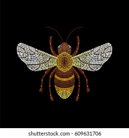 Embroidery fashion bee. Vector insect on black background for textile, fabric traditional folk decor