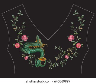 Embroidery fashion ethnic neck line floral pattern with roses and dragon. Vector traditional oriental flowers template on black background for clothing design.