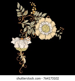 Embroidery for fashion. Floral elements for design in art nouveau style, vintage, old, retro style. Stock vector illustration.