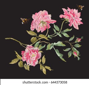 Embroidery fashion floral pattern with peonies and bees. Vector traditional embroidered bouquet with flowers on black background for clothing design.