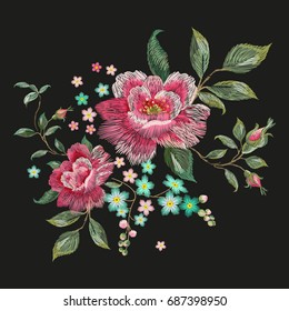 Embroidery fashion floral pattern with pink roses. Vector traditional embroidered patch with flowers on black background for clothing design.