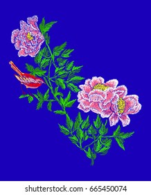 Embroidery fashion pattern with bird on branch of exotic peonies. Vector embroidered floral ornament with bird on black background for clothing design. Bomber jacket embroidery