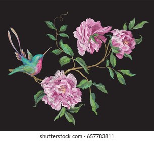 Embroidery fashion pattern with hummingbird on branch of exotic peonies. Vector embroidered floral ornament with bird on black background for clothing design.
