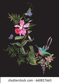 Embroidery fashion pattern with hummingbird, orchids and butterfly. Vector embroidered floral ornament with bird and flowers for clothing design