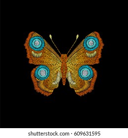 Embroidery fashion peacock butterfly. Vector insect on black background for textile, fabric traditional folk decor