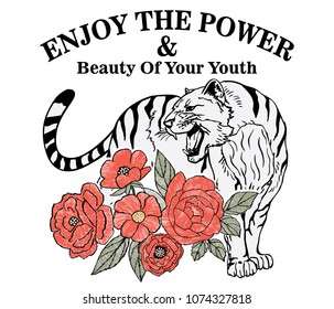 embroidery fashion rose and leaf and wild tiger graphic for tee and t shirt and fabric print