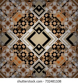 Embroidery for fashion textile and fabric. Embroidery seamless pattern with abstract diagonal tiles. Vector ornament in black, white and beige colors.