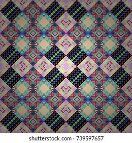 Embroidery for fashion textile and fabric. Embroidery seamless pattern with abstract diagonal tiles. Vector ornament in beige, blue and black colors.