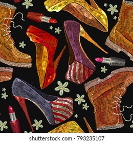 Embroidery fashionable female pattern. Fashionable man and women's shoes. Template for clothes, textiles, t-shirt design