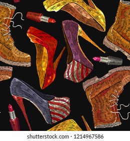 Embroidery fashionable man and women's shoes seamless pattern. Template for clothes, textiles, t-shirt design vector