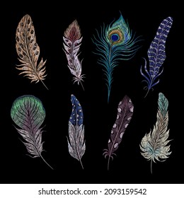 Embroidery feathers. Birds feather ethnic design, boho style patches. Hand stitch tribal elements, peacock wings decorative art. Nowaday vector set